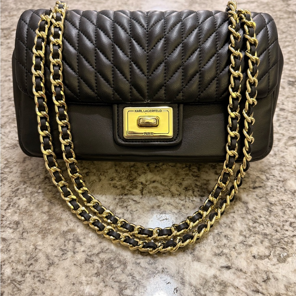 Karl Lagerfeld Black and Gold Quilted Shoulder Bag
